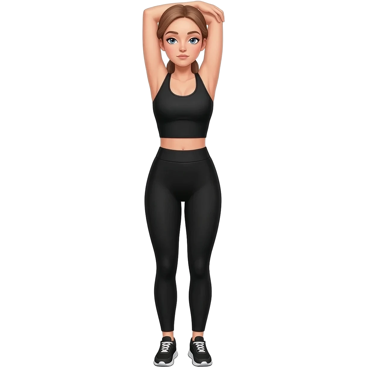 gentle bedtime stretch with sleepy mood, fair-skinned woman, gray-blue eyes, ash brown brows, ash light brown hair tied back, slim athletic body, black workout set, black sneakers with white soles emoji