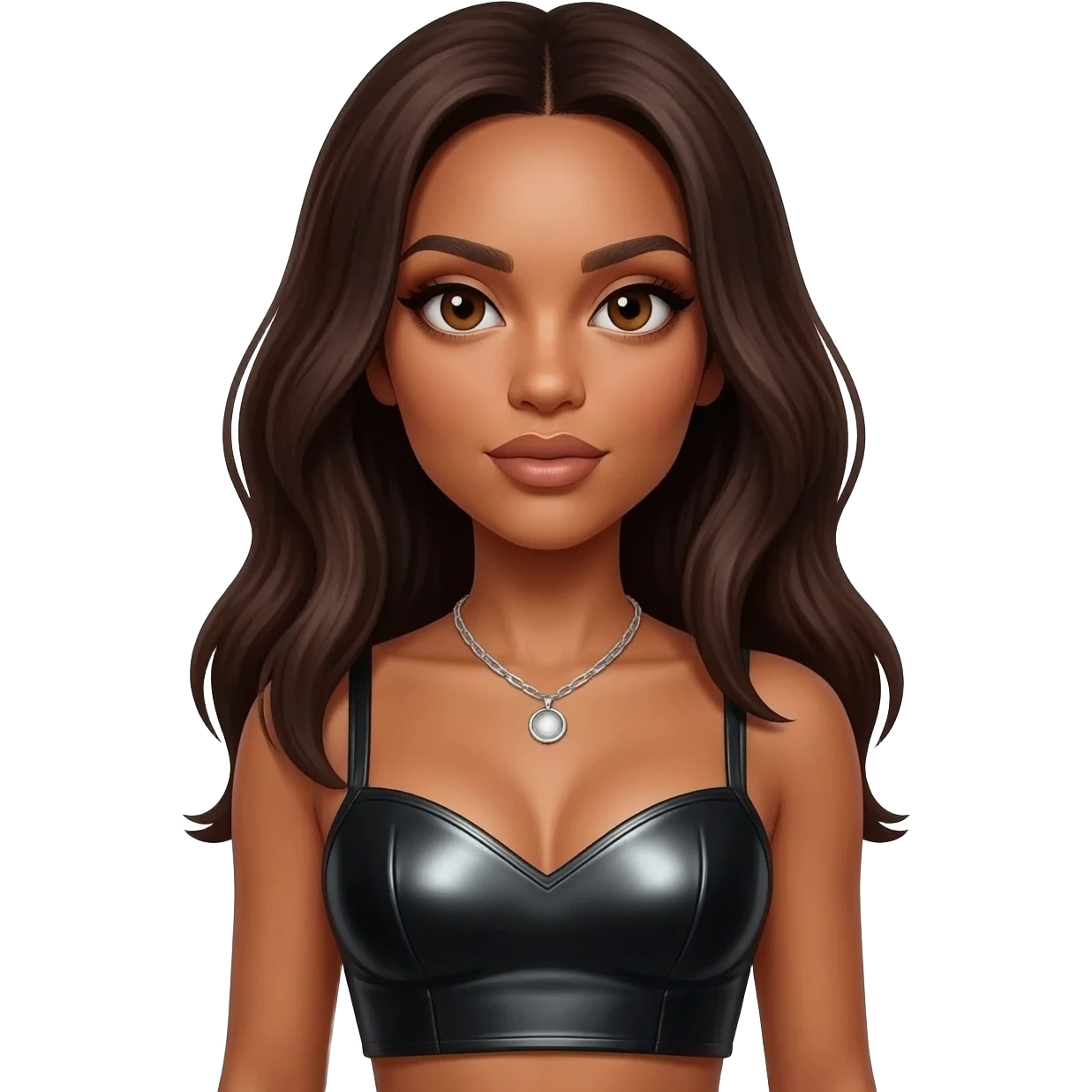 Aaliyah with brown eyes, long dark brown hair, black metallic sweetheart crop top, silver necklace emoji