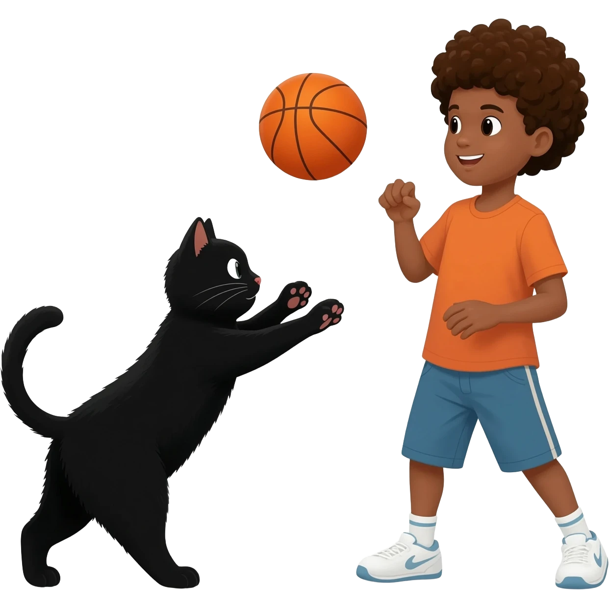 Black cat playing with orange basketball and a little boy with curly hair emoji