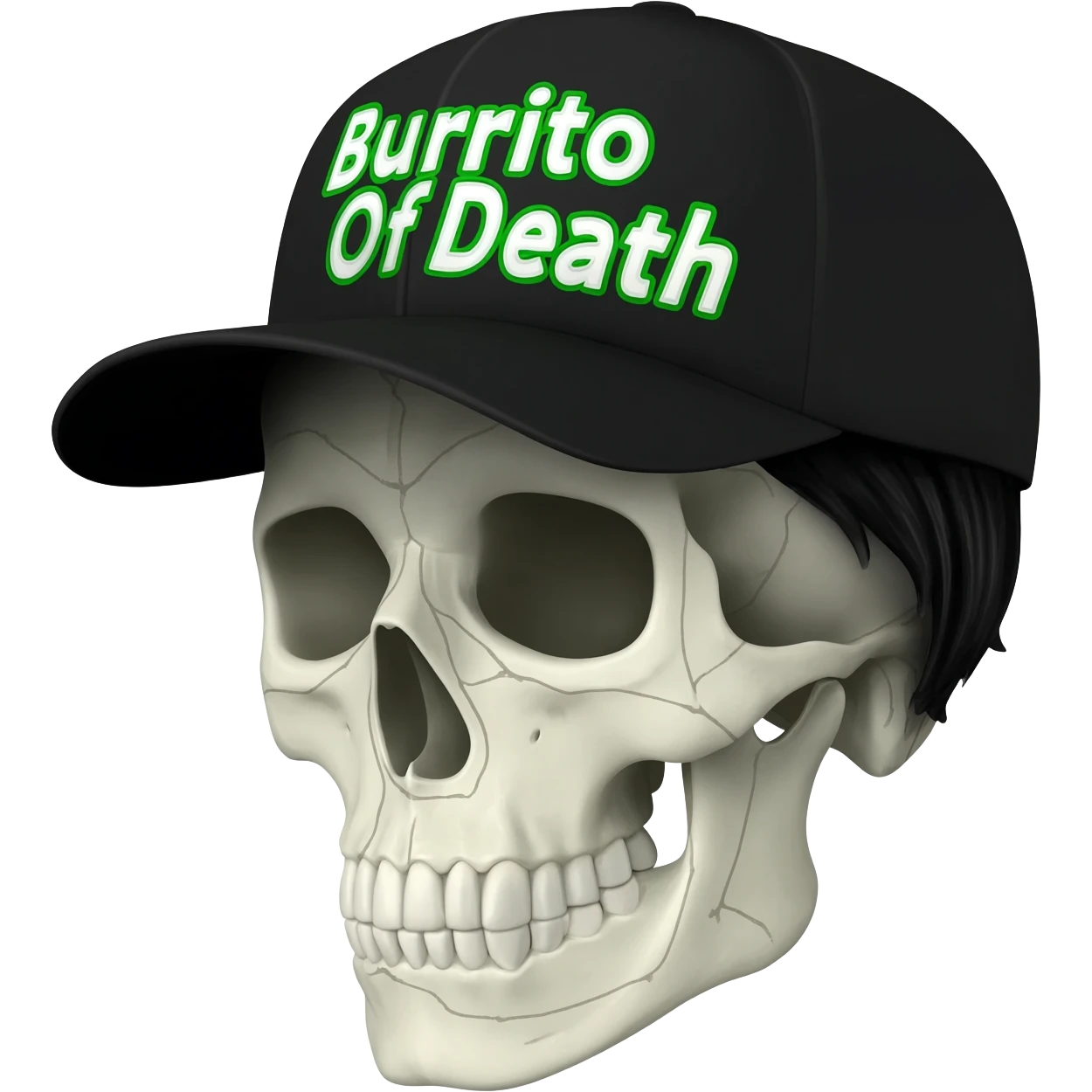 Create a skeleton head wearing a black baseball cap that says " Burrito Of Death " in green, and white lettering, with black hair emoji