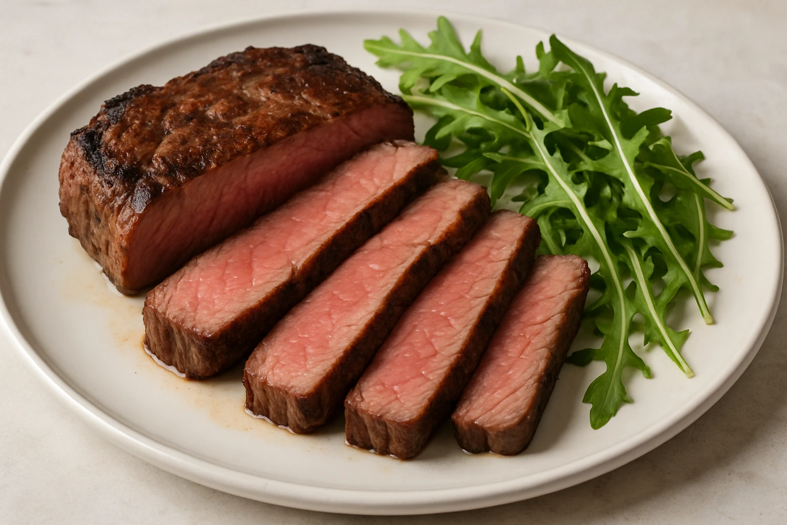 beef steak cut into slices, served on a white plate with green arugula, realistic style emoji