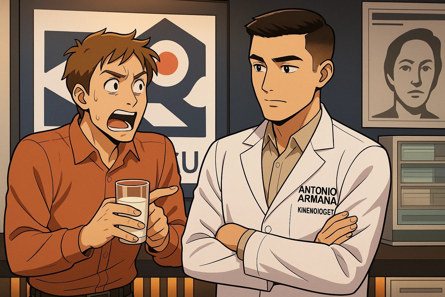 fai un webtoon manga a colori con questo stile, in cui un uomo chiede al kinesiologo con il camice bianco (fagli anche la scritta "ANTONIO ANANIA" SUL CAMICE, una domanda e il kinesiologo gli risponde, L'UOMO INDICA IL BICCHIERE DI LATTE CHE HA IN MANO ED è MOLTO ALLARMATO NEL FARE LA DOMANDA. non fare i fumetti però, fai solo in modo che sembri stiano parlando emoji