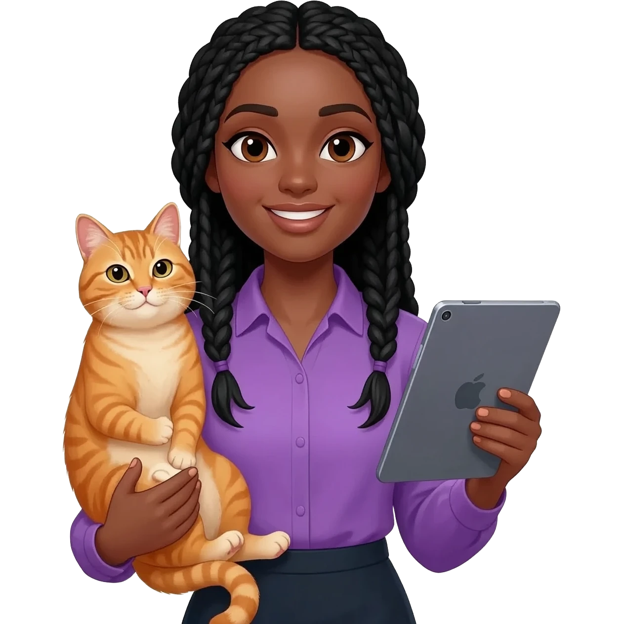 Émoji représentant une femme peau marron avec des longues nattes noires, une belle chemise violette, tenant un chat orange dans une main et une tablette dans l'autre emoji