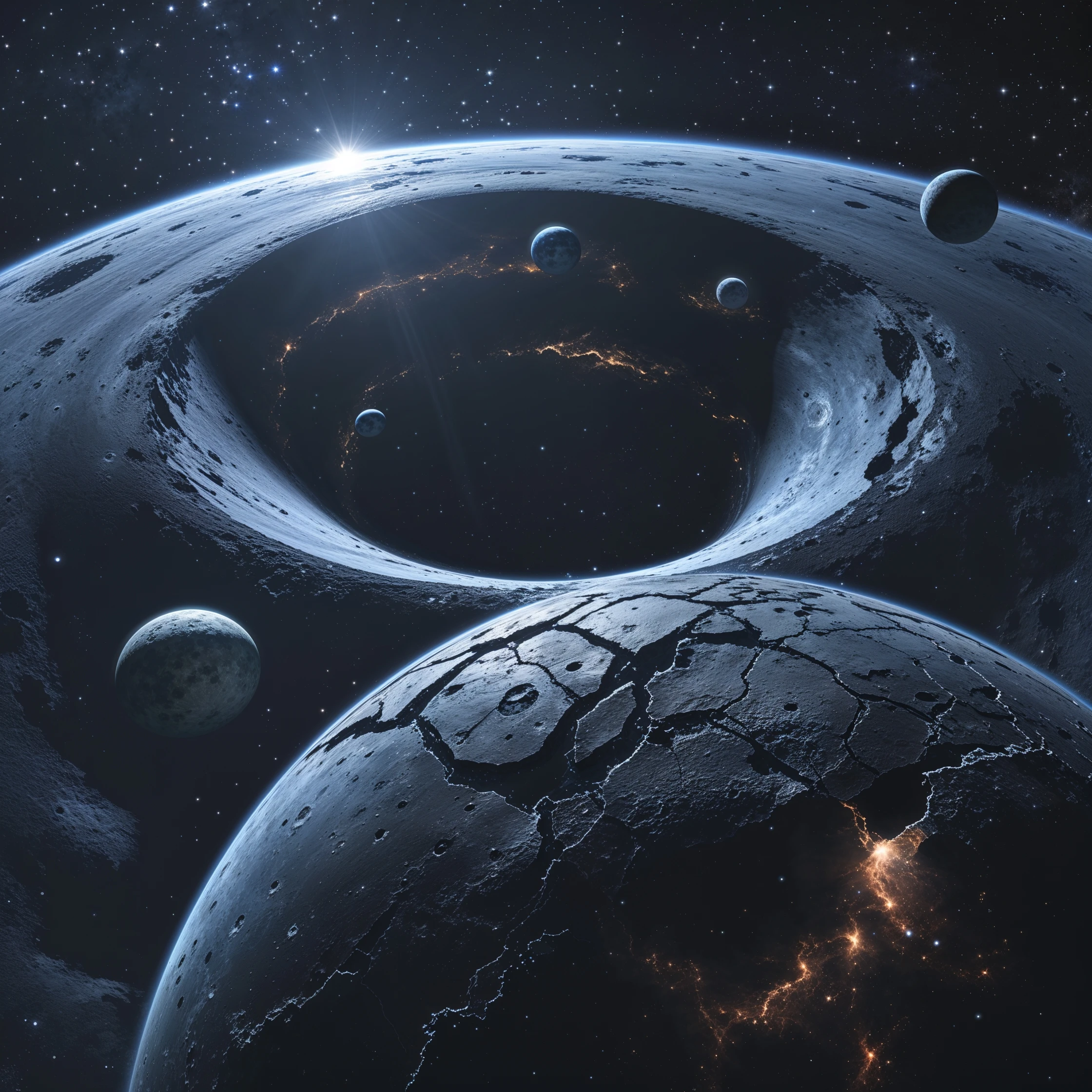 dark cosmic region orbiting black hole. No sunlight. twisted planets and moons circling in quite. Monde Noir looms in the foreground — a cracked, obsidian planet with no atmosphere. moon, Oblieth, nearby, pitted. Stars are distorted by gravitational lensing. emoji