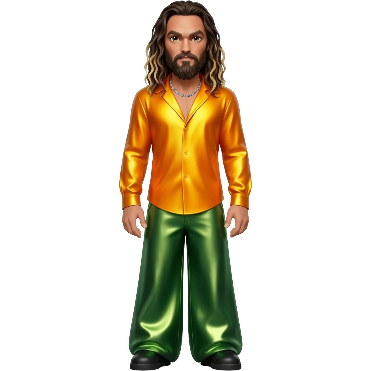 Jason Momoa with hazel eyes, dark brown long hair with blonde highlights, yellow orange metallic shirt, green metallic baggy pants, silver necklace emoji
