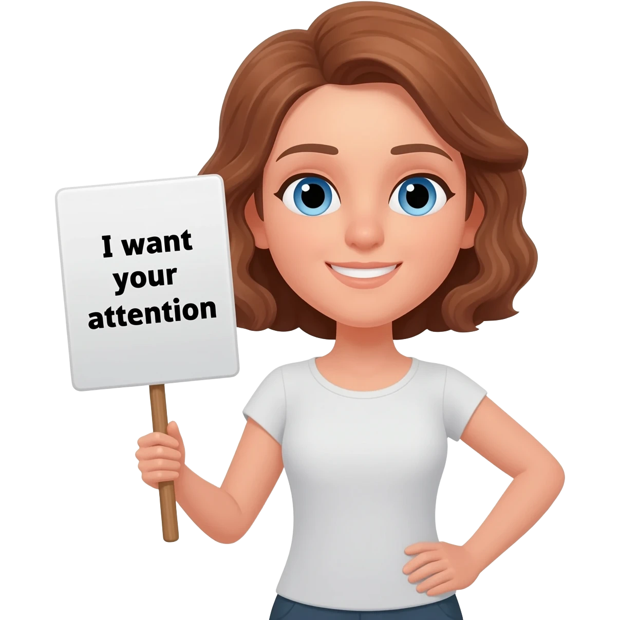 a woman with brown hair, blue eyes. Holding a sign that says "I want your attention" emoji
