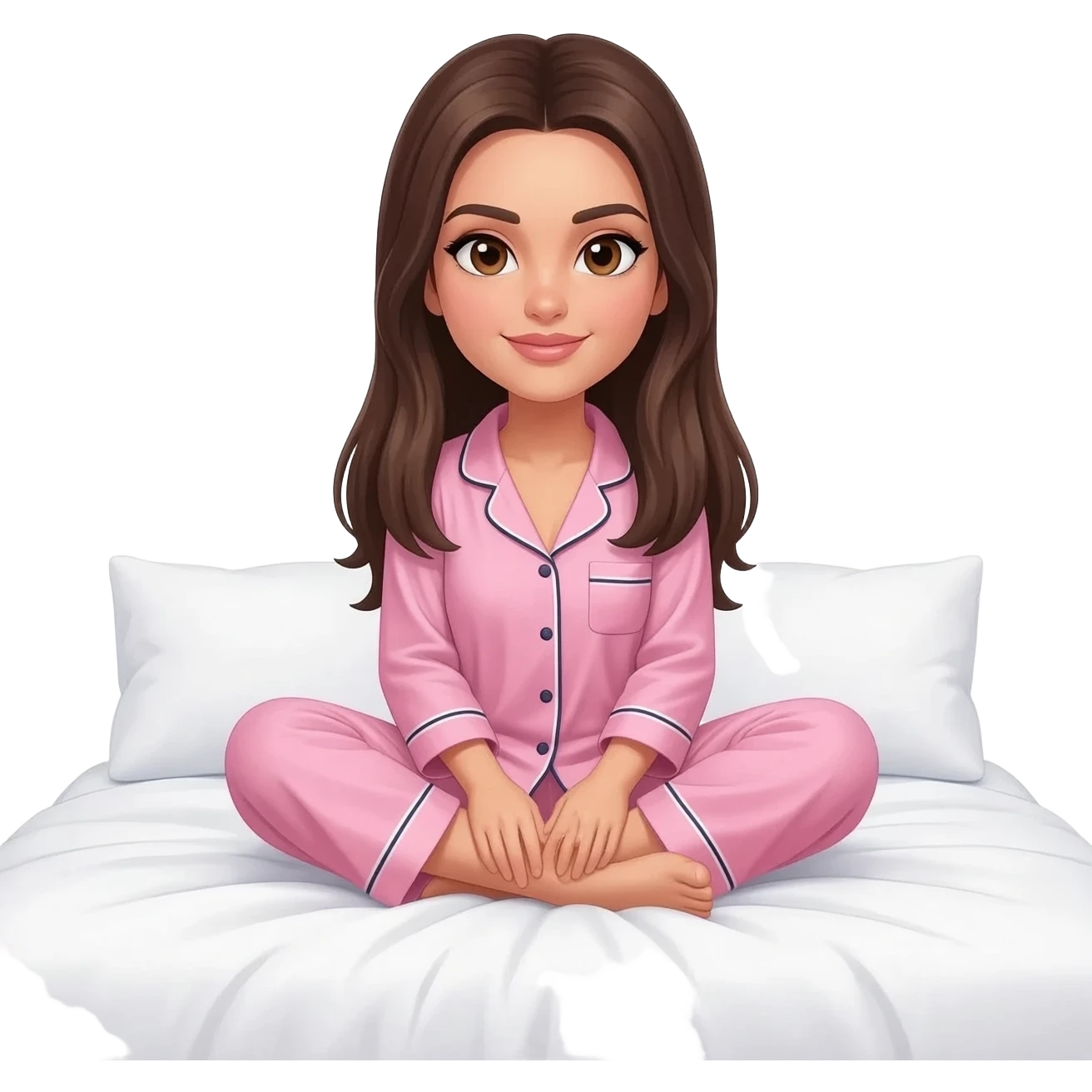 Faça um emoji de uma mulher branca, de cabelo liso castanho escuro, vestida com pijama da victoria secrets, sentada em uma cama forrada de lençóis brancos emoji