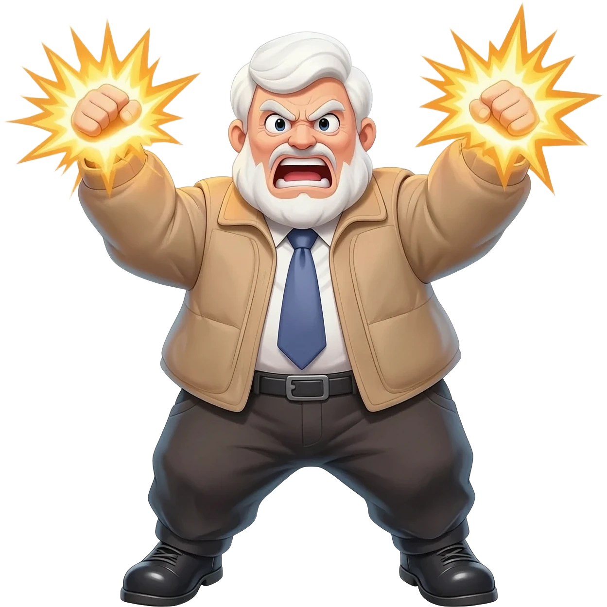 an angry very old and very fat President Donald Trump in a realistic style, even more realistic and not cartoonist at all, make it un flatering, real life photo, powering up for a dragon ball attack, full body, photo realism, very angry in a photo realistic style emoji