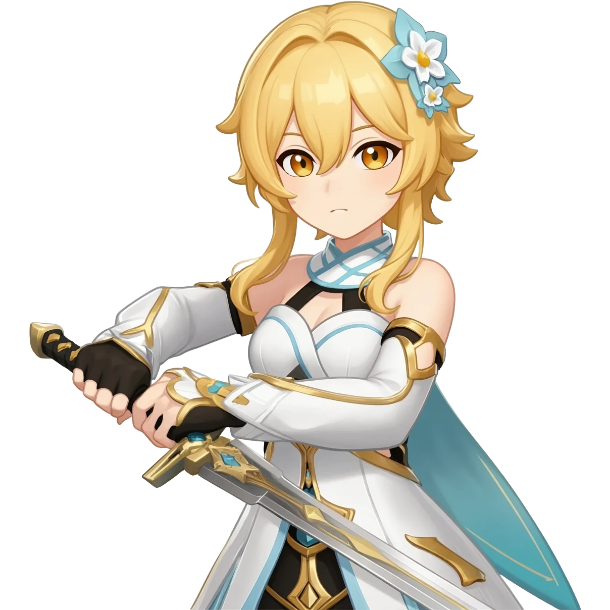Lumine (from Genshin Impact) White and golden clothes, blonde, long-haired, with flower hair clip, and wielding a sword (full body) emoji