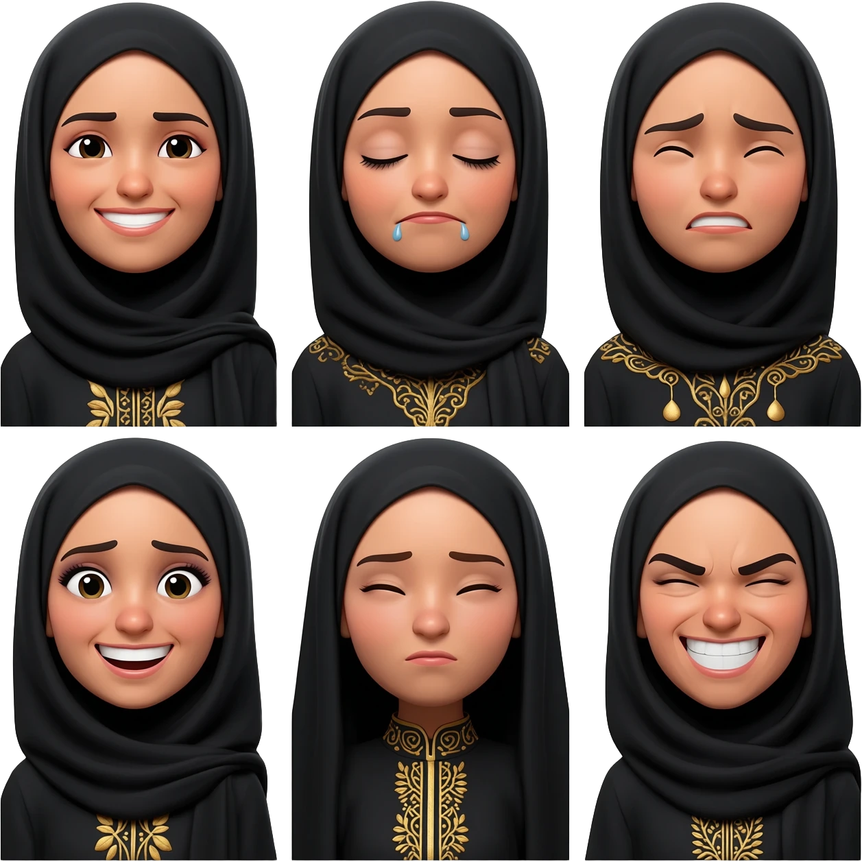 Samling face, and sad face, cute face & luxury face & loving face, angry face, laughing face  make all this wearing Abbaya  lady emoji