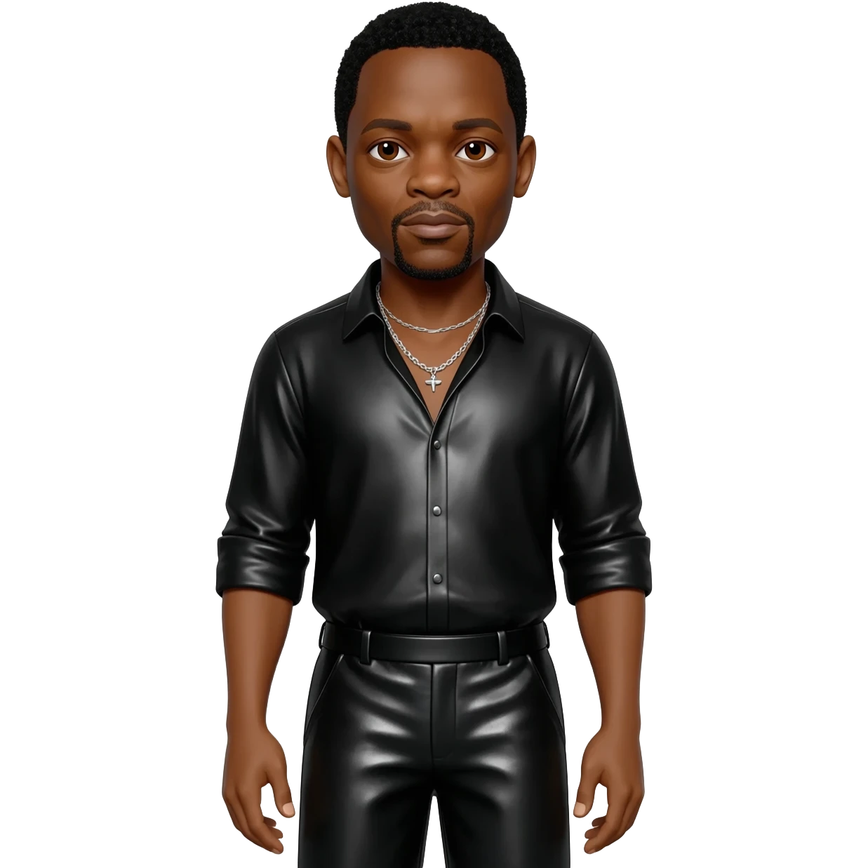 Samuel L Jackson with brown eyes, black hair, black metallic shirt, black metallic baggy pants, silver necklace emoji