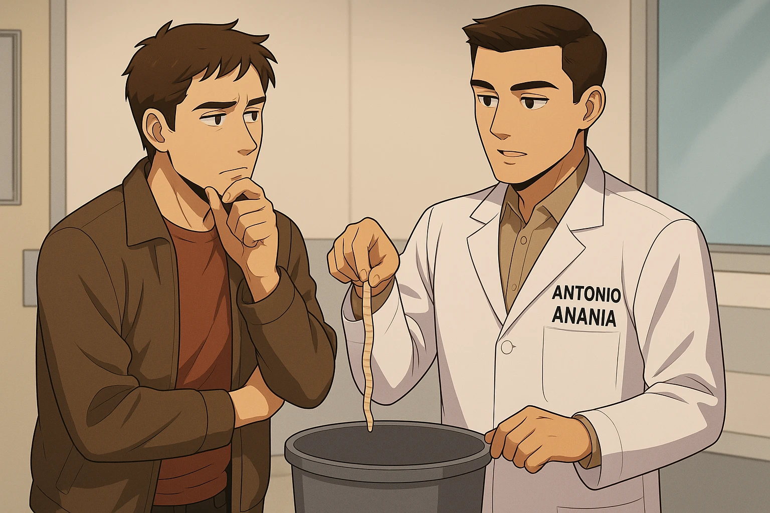 fai un webtoon manga a colori con questo stile, in cui un uomo ascolto il kinesiologo con il camice bianco (fagli anche la scritta "ANTONIO ANANIA" SUL CAMICE, il kinesiologo con il camice lascia cadere un verme lungo e beige chiaro nella spazzatura, IL KINESIOLOGO SPIEGA ALL'UOMO UNA cosa. L'UOMO ha un ESPRESSIONE pensierosa IN VOLTO mentre si tocca il mento con l'indice. non fare i fumetti però, fai solo in modo che sembri stiano parlando emoji