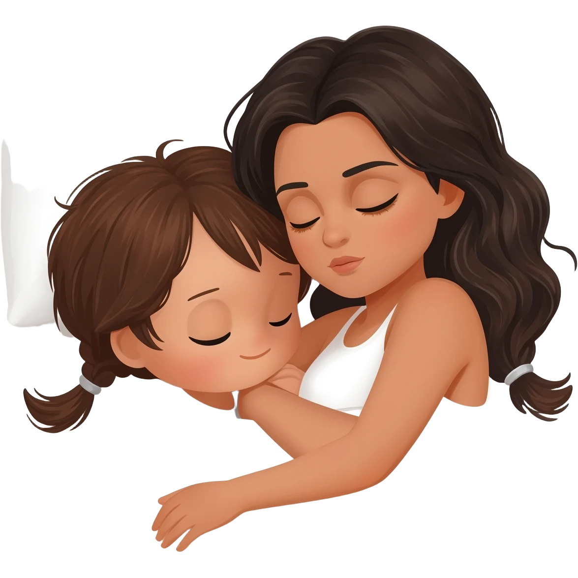 Black hair girl latina with long wavy brown hair with brown eyes and sleeping on a withe bed with cute Child with long hair brown emoji