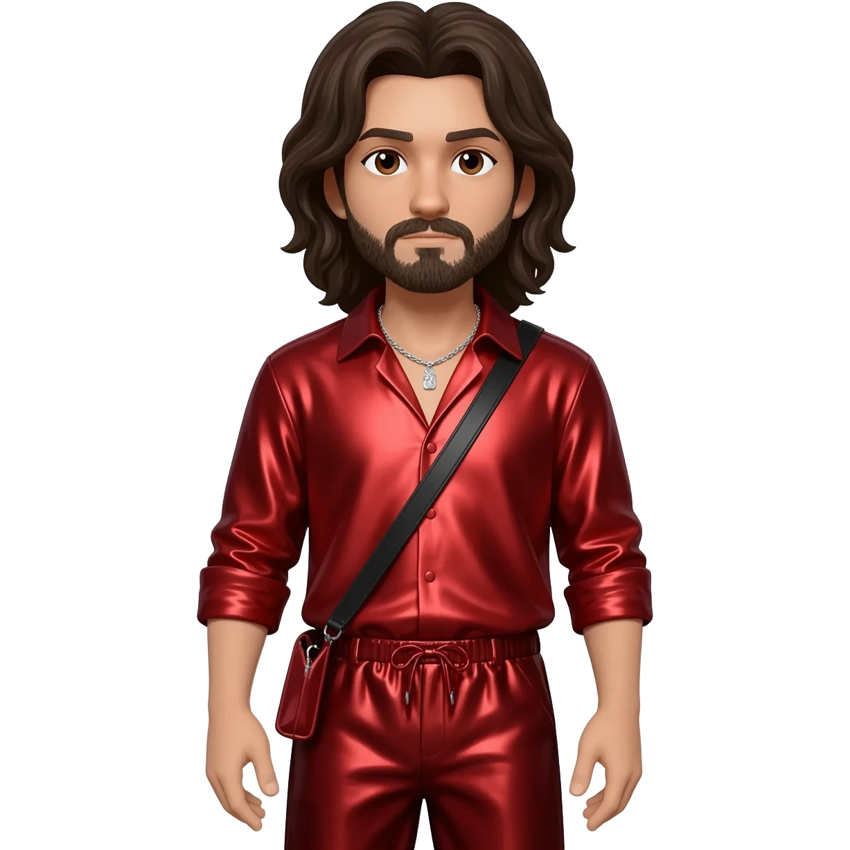ASMR Eduardo with brown eyes, long dark brown hair and short beard, red metallic shirt, dark red metallic baggy pants, silver necklace emoji
