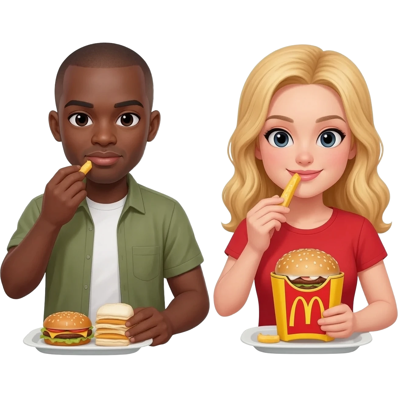 Black man with shaved head eating McDonald's blonde woman eating McDonald's emoji