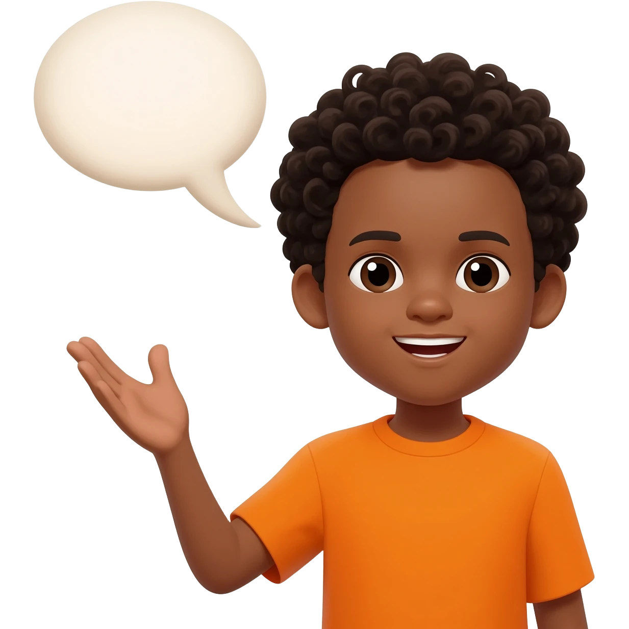 black boy curly hair orange shirt talking speech bubble emoji
