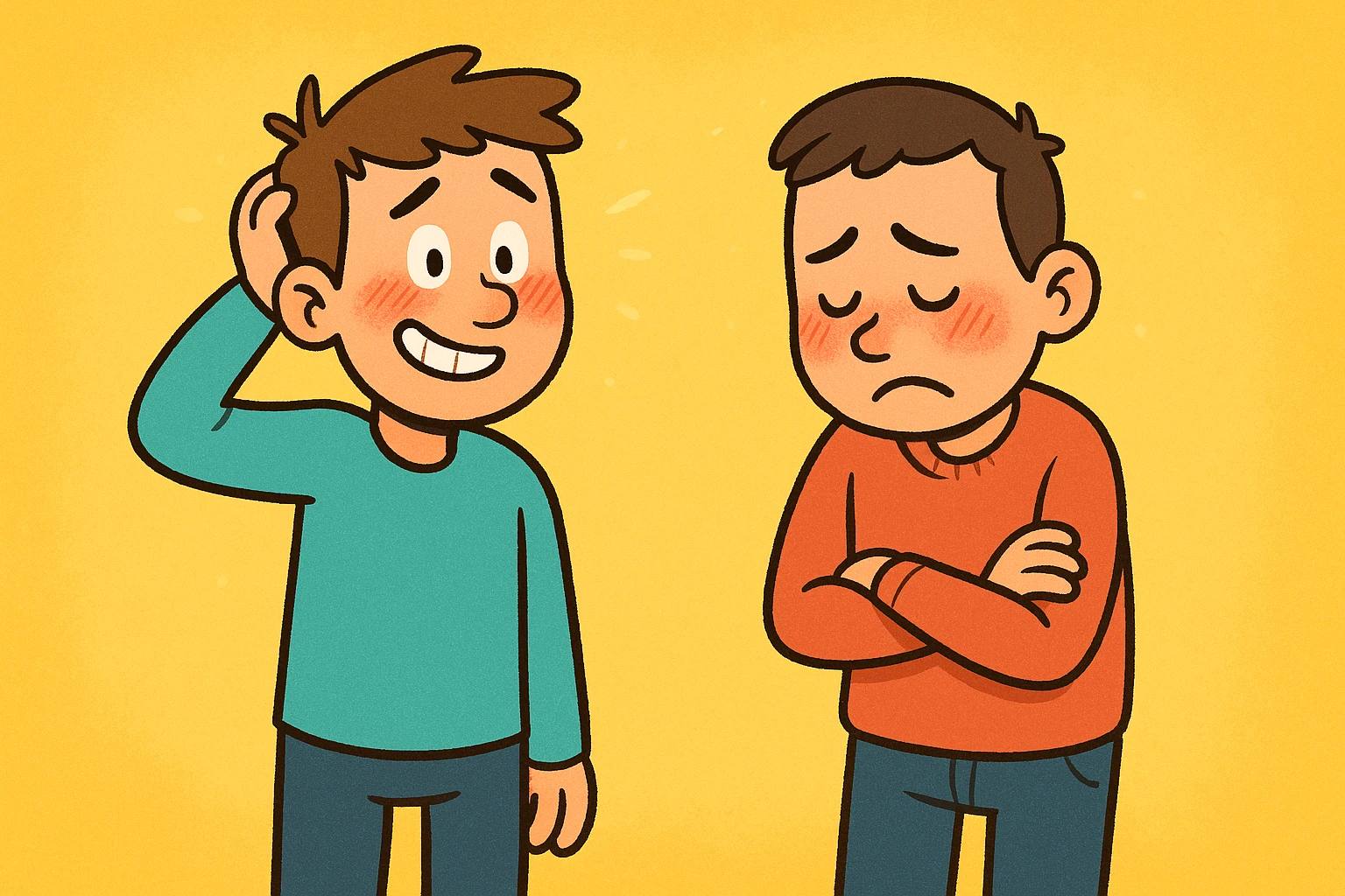 two embarrassed men in cartoon style, blushing, awkward posture emoji