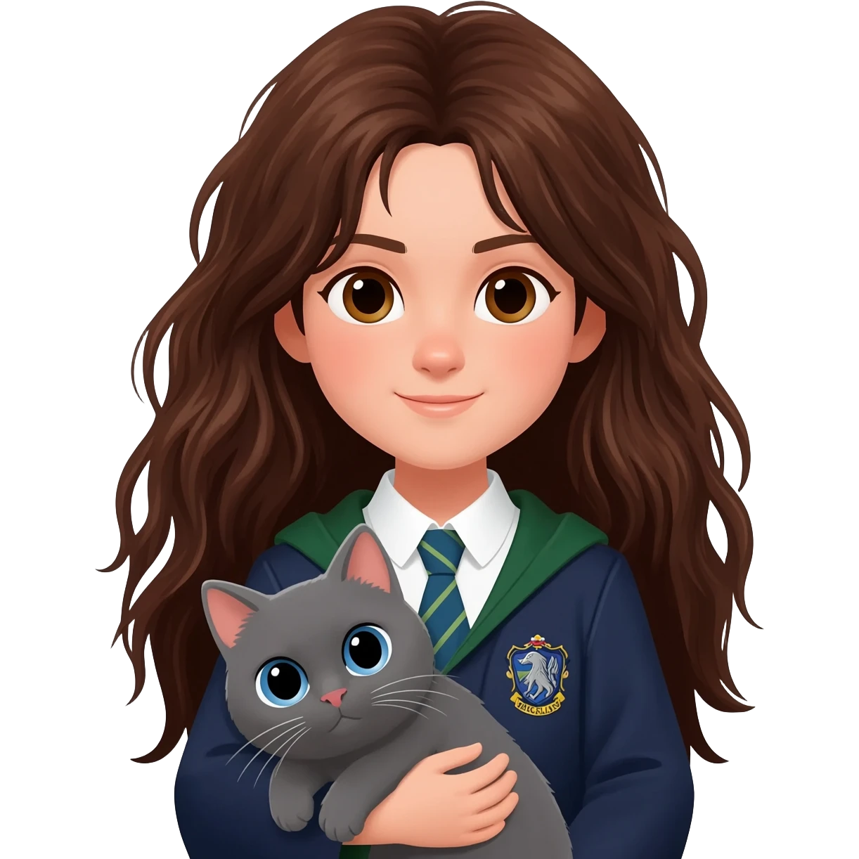 hong kong ravenclaw girl student with long brown messy hair and brown eyes, holding a gray cat with blue eyes emoji