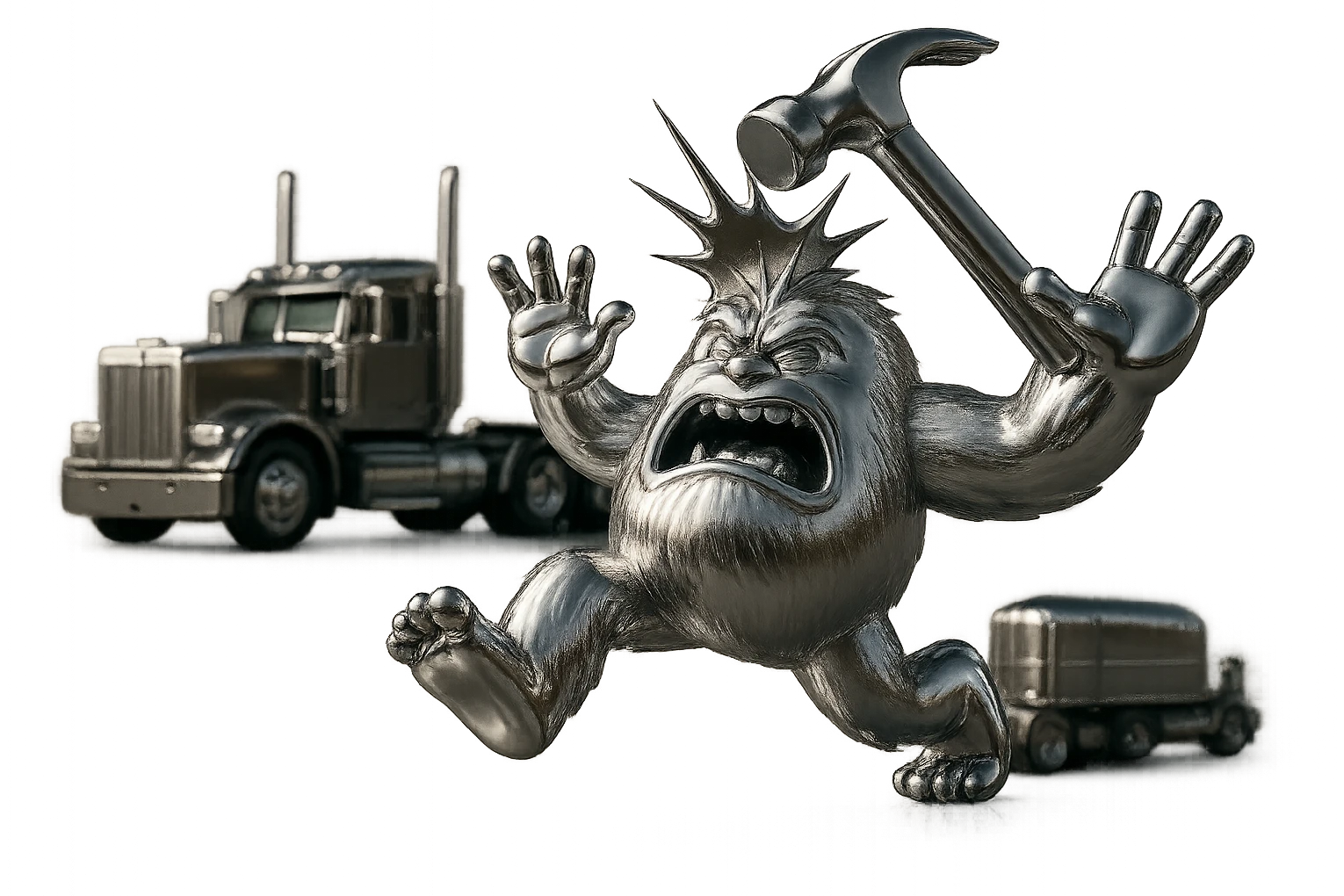 Add a comic-style impact effect where the hammer hits the abominable snowman, remove any blue color from the abominable snowman. Keep the side view, flattop semi with chrome stacks far behind, light and realistic style, no text. emoji