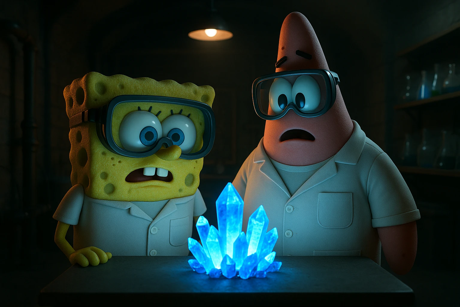 3D cienmatic cartoon shot, spongebob and patric dress in safety glasses and safe white outfit, the are standing front of table with blue crystals on table glowing (light source) science room in basement, back light, Cinema 4d render, proffesional lightning emoji