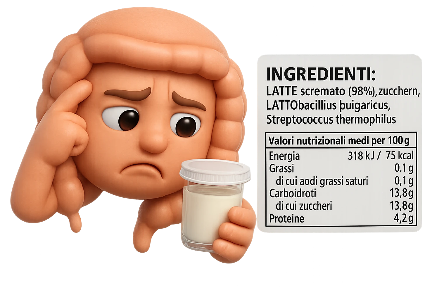 SU QUESTO STILE FAI UN EMOJI STILE IPHONE 3D DI UN INTESTINO CHE HA IN MANO UN BARATTOLO DI YOGURT CONFEZIONATO DA SUPERMERCATO E LEGGE L'ETICHETTA NUTRIZIONALE CON GLI INGREDIENTI IN ITALIANO, ACCANTO ALLO YOGURT CHE HA IN MANO C'è UN FOCUS SULL'ETICHETTA CON GLI INGREDIENTI SCRITTI, FAGLI UN ESPRESSIONE CONFUSA MENTRE LEGGE E FALLO MOLTO REALISTICO IN 3D emoji
