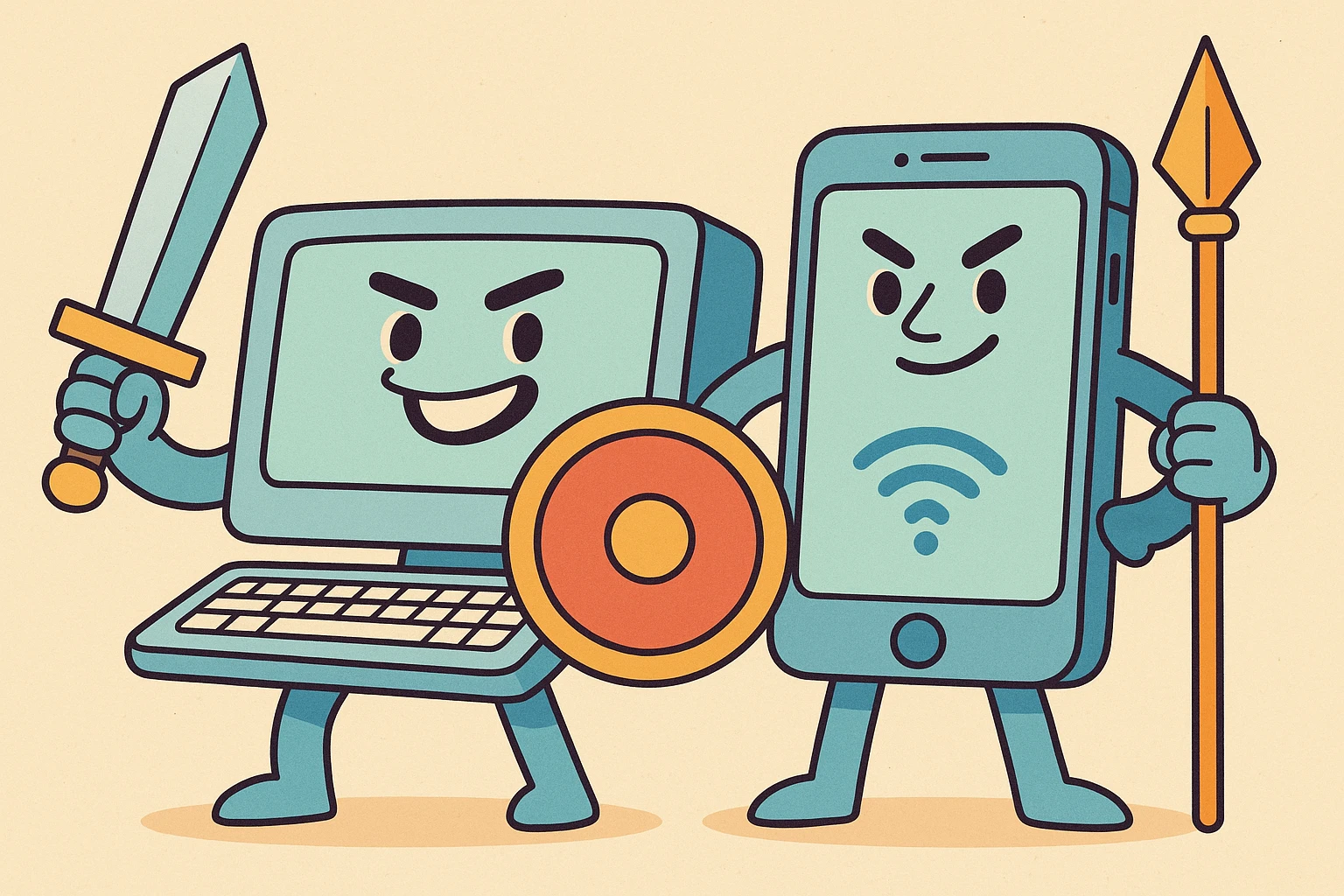 A computer and a phone illustrated as warriors or heroes, symbolizing their role in providing excellent internet service. emoji