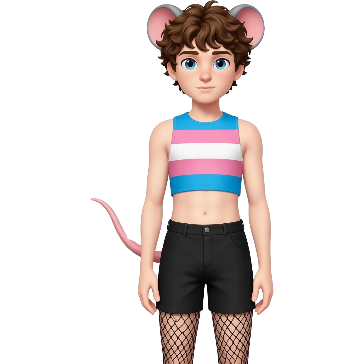 a white twink boy with blue eyes, short curly brown hairs and rat ears, he has a rat tail. he is dressed in a short shade of the color trans flag and short black shorts with mesh stockings emoji