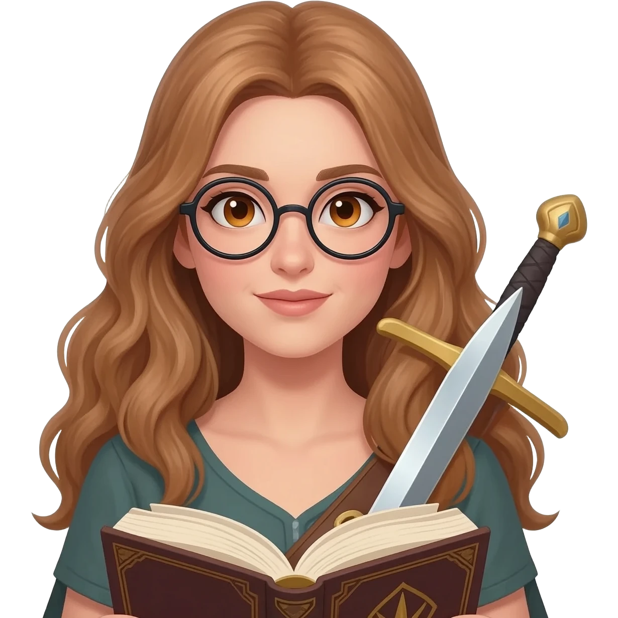 emoji style illustration of a woman with long light brown wavy hair, light brown eyes and round glasses holding an open book and a sword, fantasy reader warrior vibe, detailed emoji scene emoji