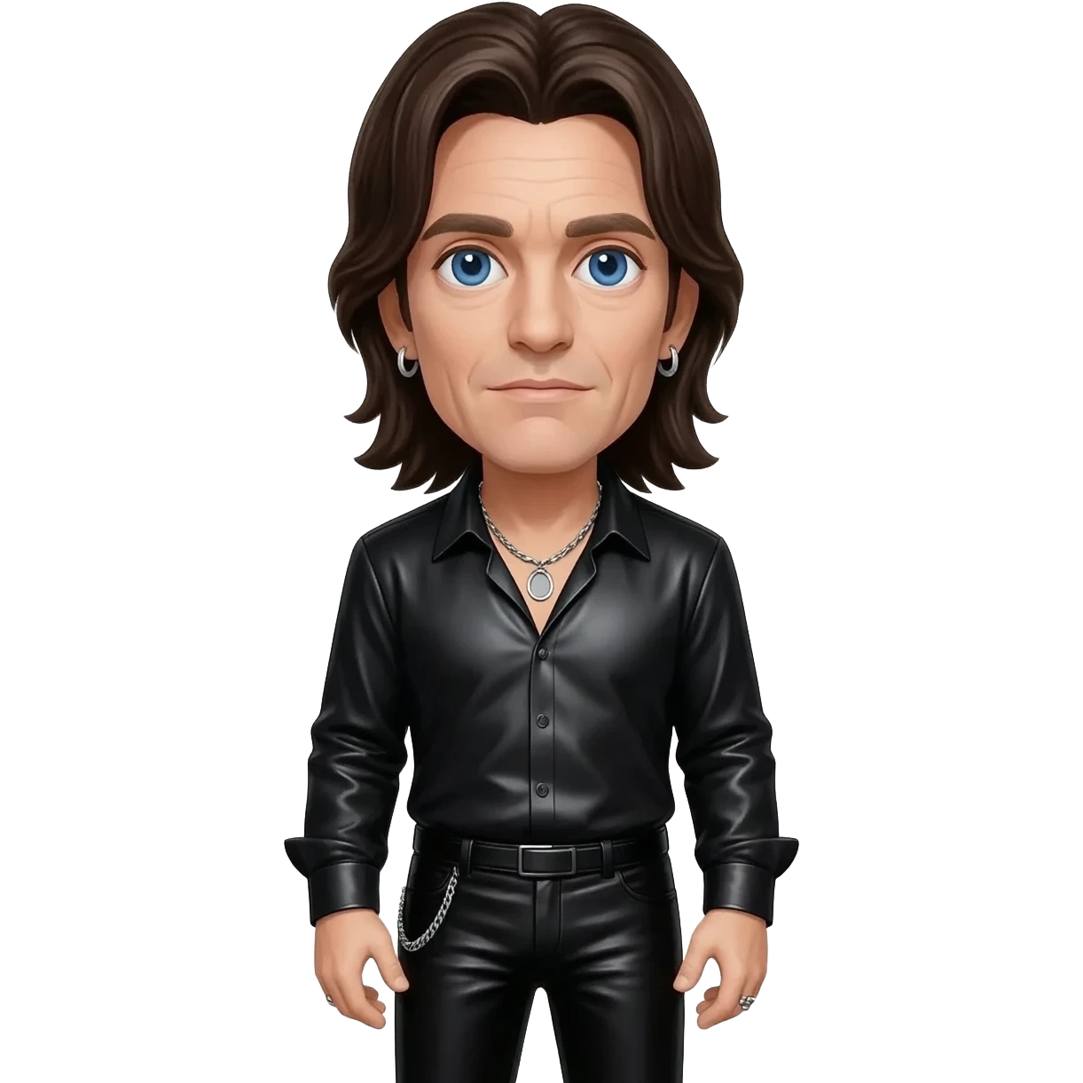 Bono from U2 with blue eyes, long dark brown hair, black metallic shirt, black metallic dress pants, silver necklace and short earrings emoji