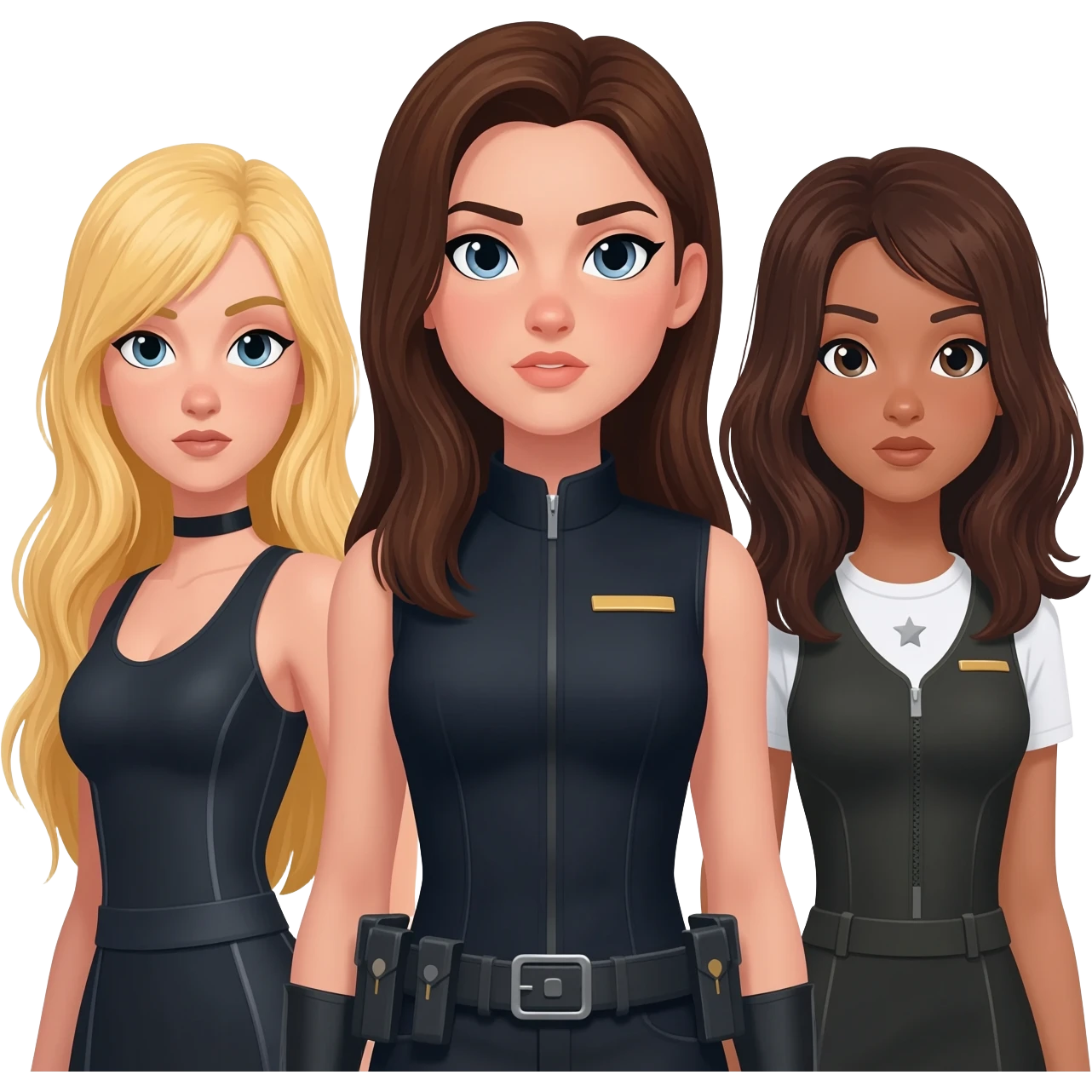 generate three spy girls, a brunette one with long hair, a blond one with long hair and a dark brown long hair. put a brunette in the middle emoji