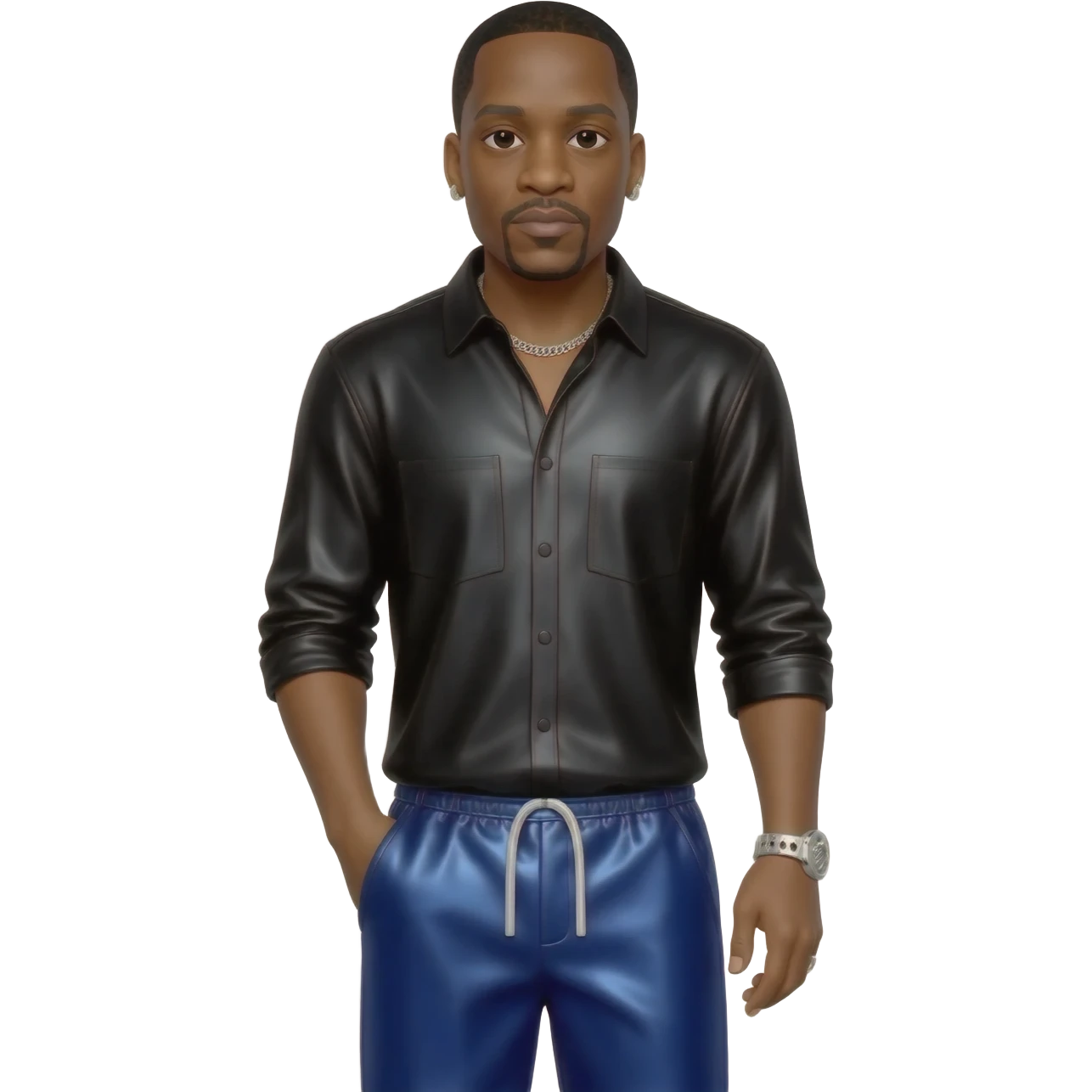 Jay-Z with black hair, black metallic shirt, navy blue metallic baggy pants, silver necklace emoji