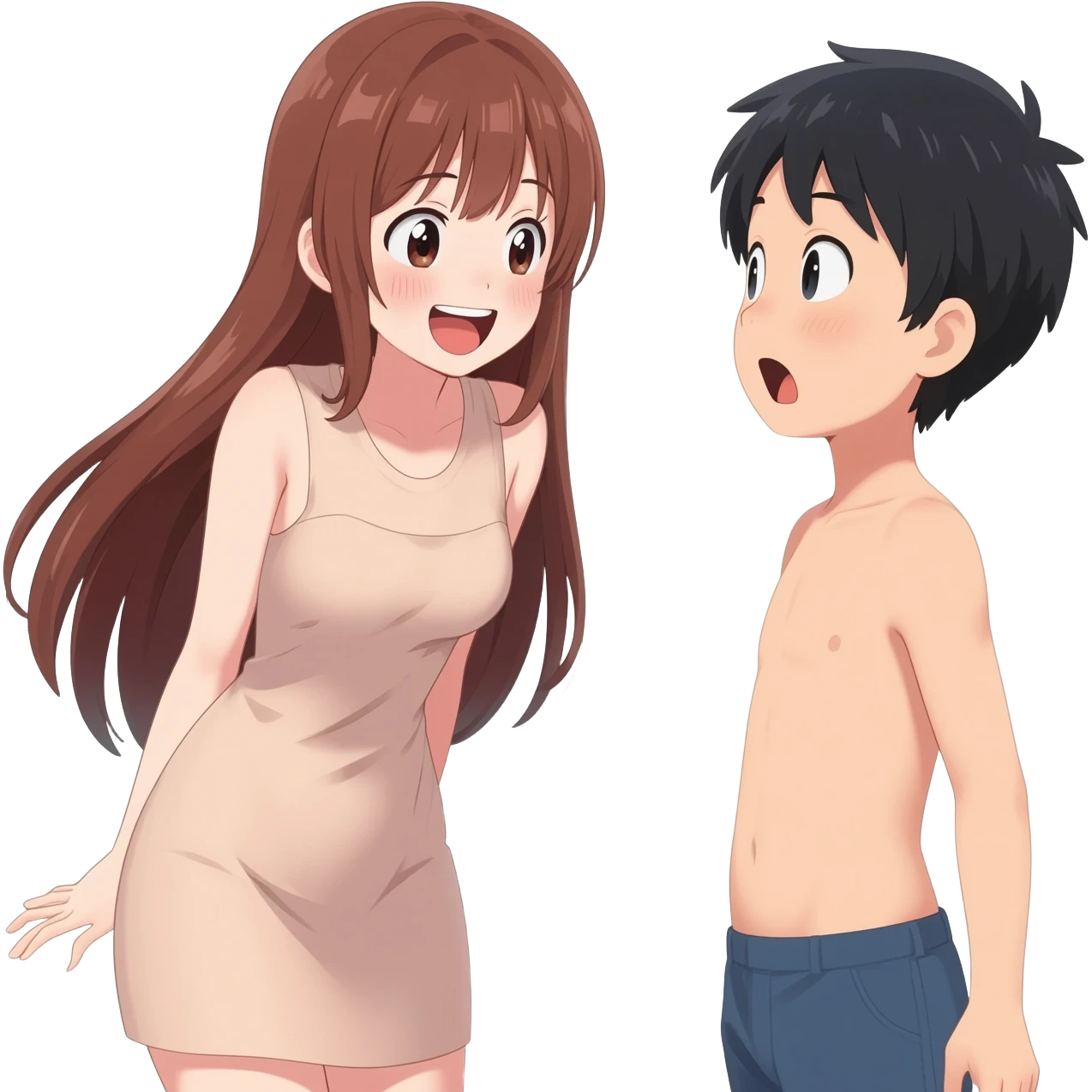 Anime girl long hair giggling  younger brother surprised sees his sister completely nude body emoji