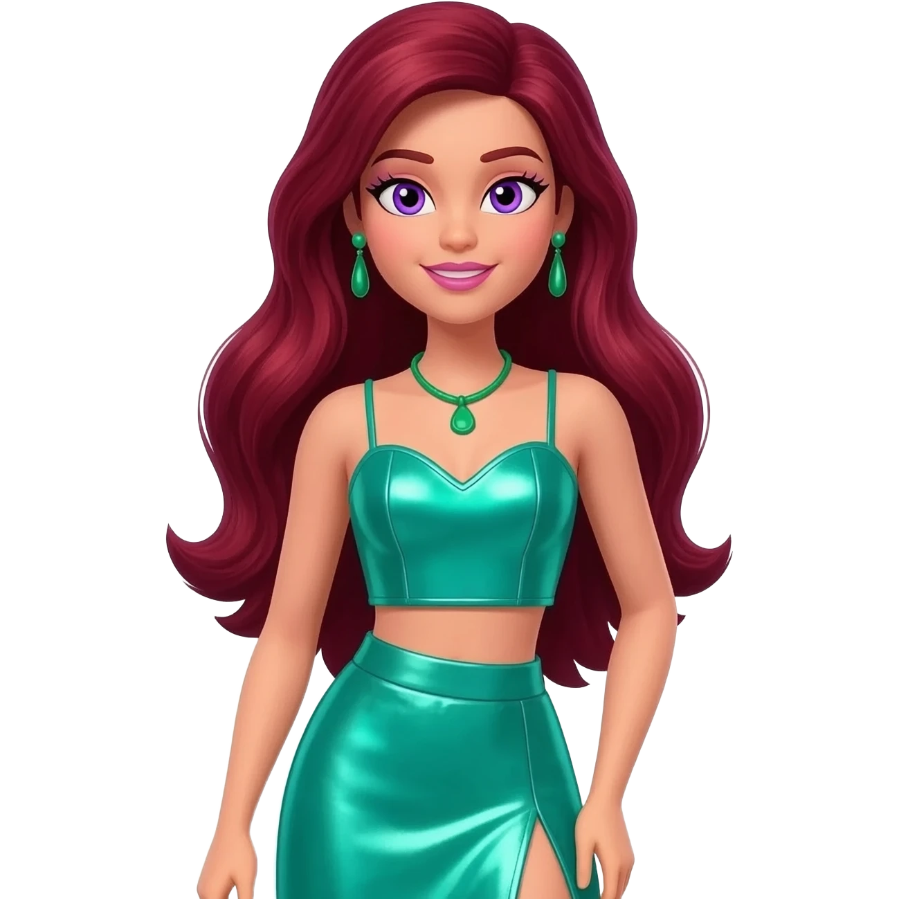 PJ from Barbie and Friends with violet eyes, long dark red hair, sea green metallic sweetheart crop top, sea green metallic assymetrical long skirt, green necklace and earrings emoji