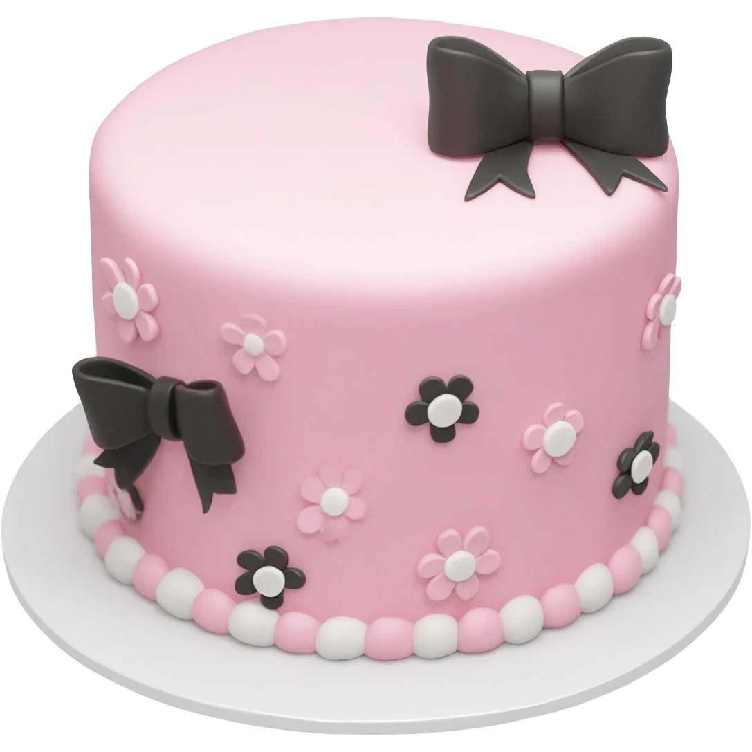 Pastel pink shaped birthday cake with black and white bows and flowers emoji