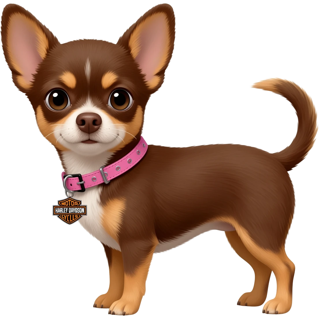 Little cute brown and tan applehead chihuahua with a pink Harley Davidson collar on her name isPixie emoji