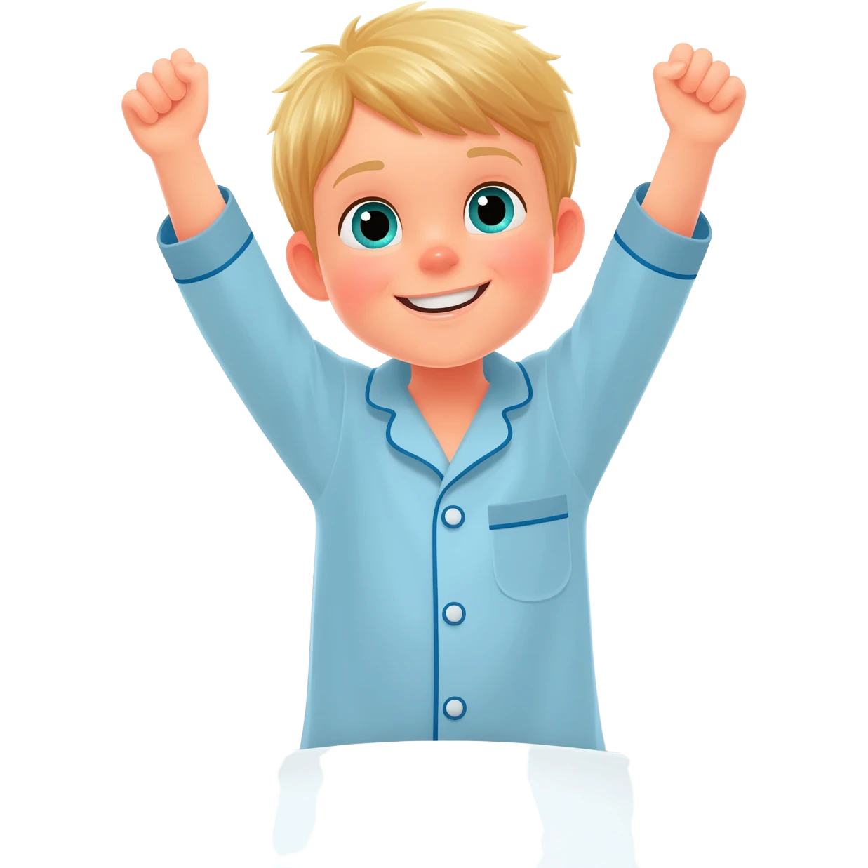 3 year old blonde boy with green-blueish eyes waking up from bed, raising both arms up. No tears. No scared face, he looks sad! Make the boy smile. DO NOT ADD TEARS. No tears on his face please emoji