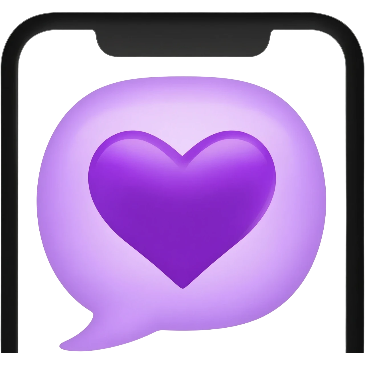 close-up of an iPhone screen with a purple speech bubble emoji containing a purple heart, Apple style, minimal emoji