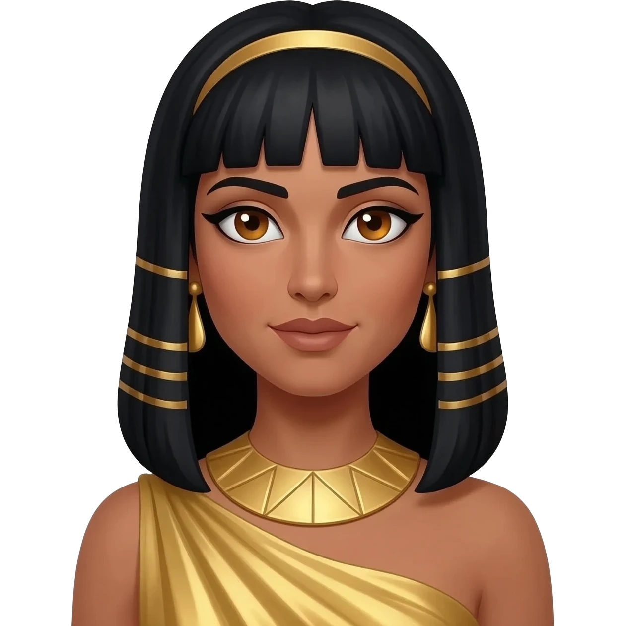 Cleopatra with hazel brown eyes, long black hair, gold metallic peplos, gold neck bracelet and earrings emoji