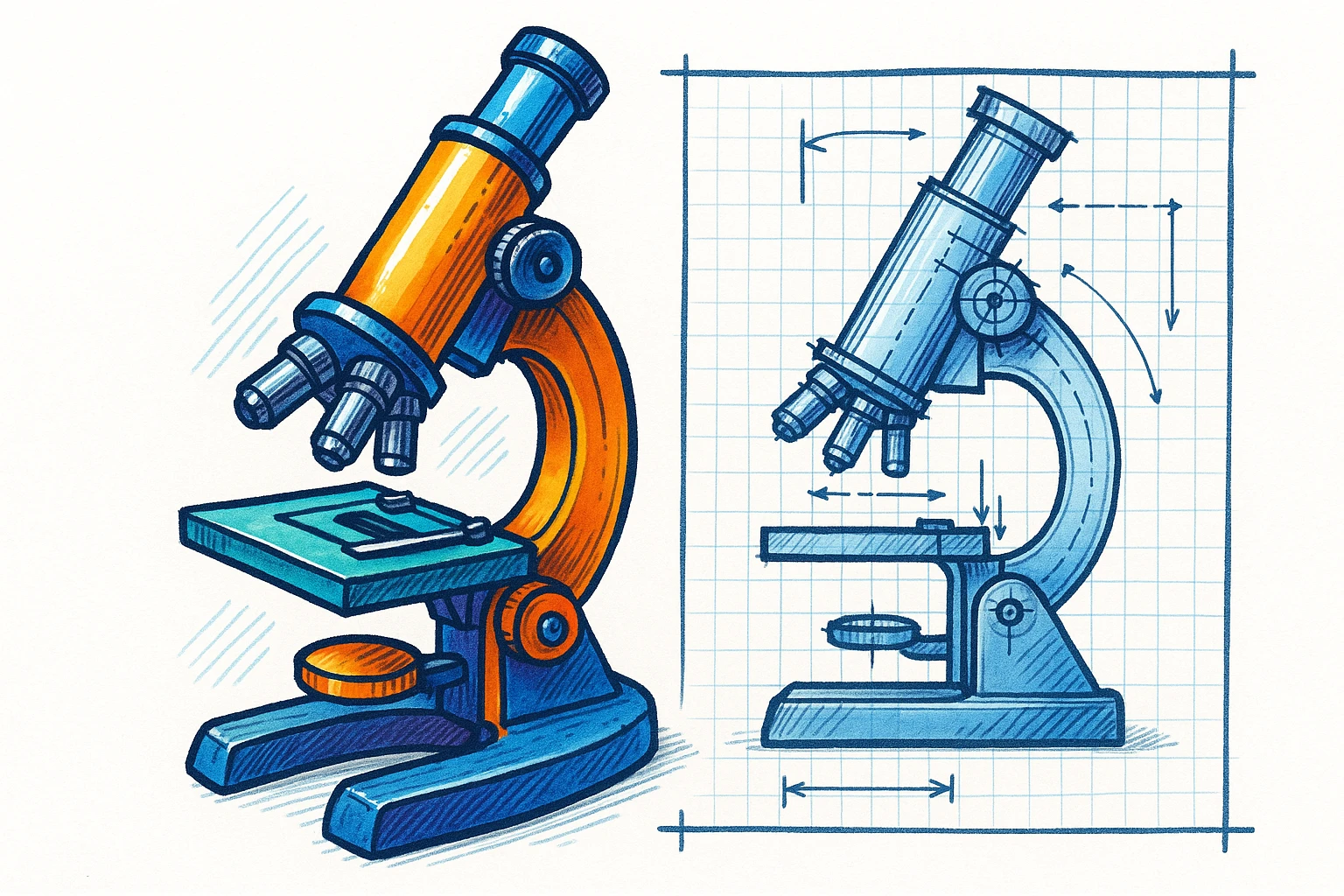 Сгенерируй мне  в ярком рисованном стиле микроскоп а рядом с ним чертеж, на белом фоне emoji