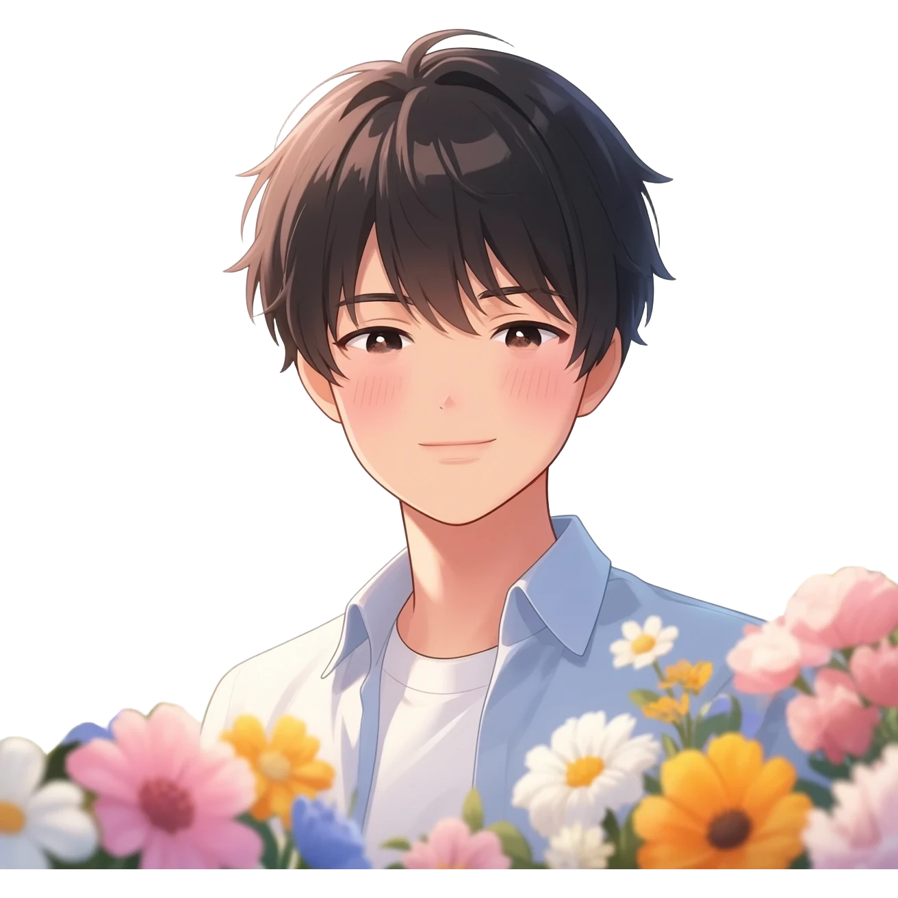 Gorgeous bright sparkly romantic Asian anime style guy with blushing face and flowers aesthetic trending style outside emoji