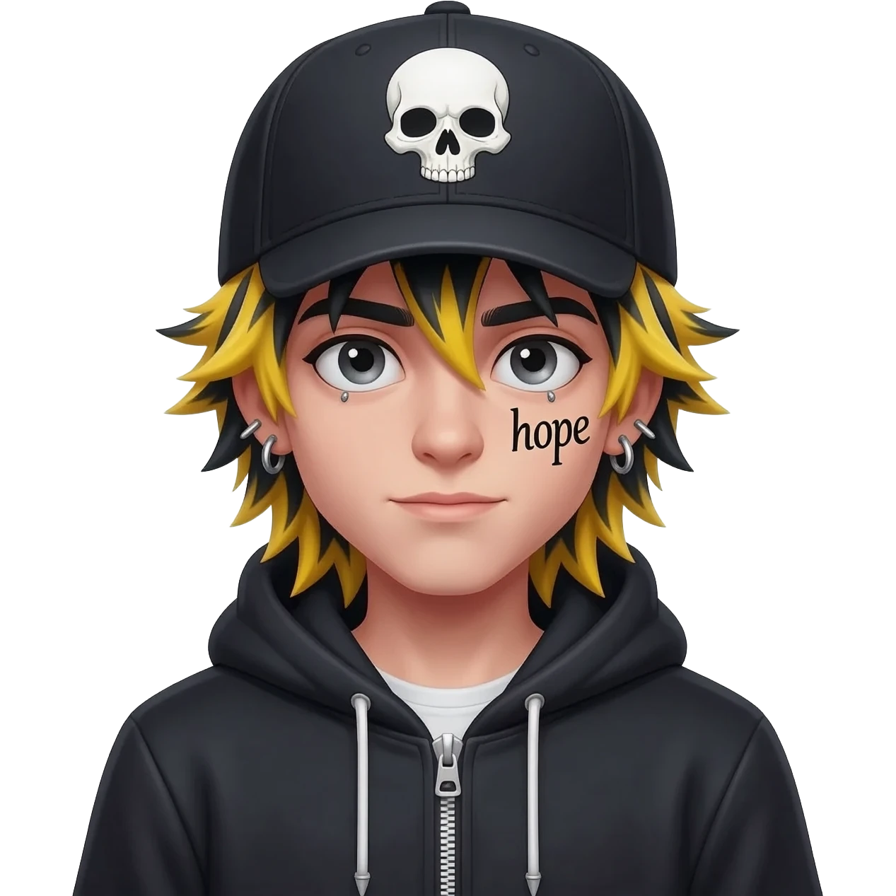 boy japan spiky long  yellow black hair, hoodie zip skullcap wear piercings tatto "hope" emoji
