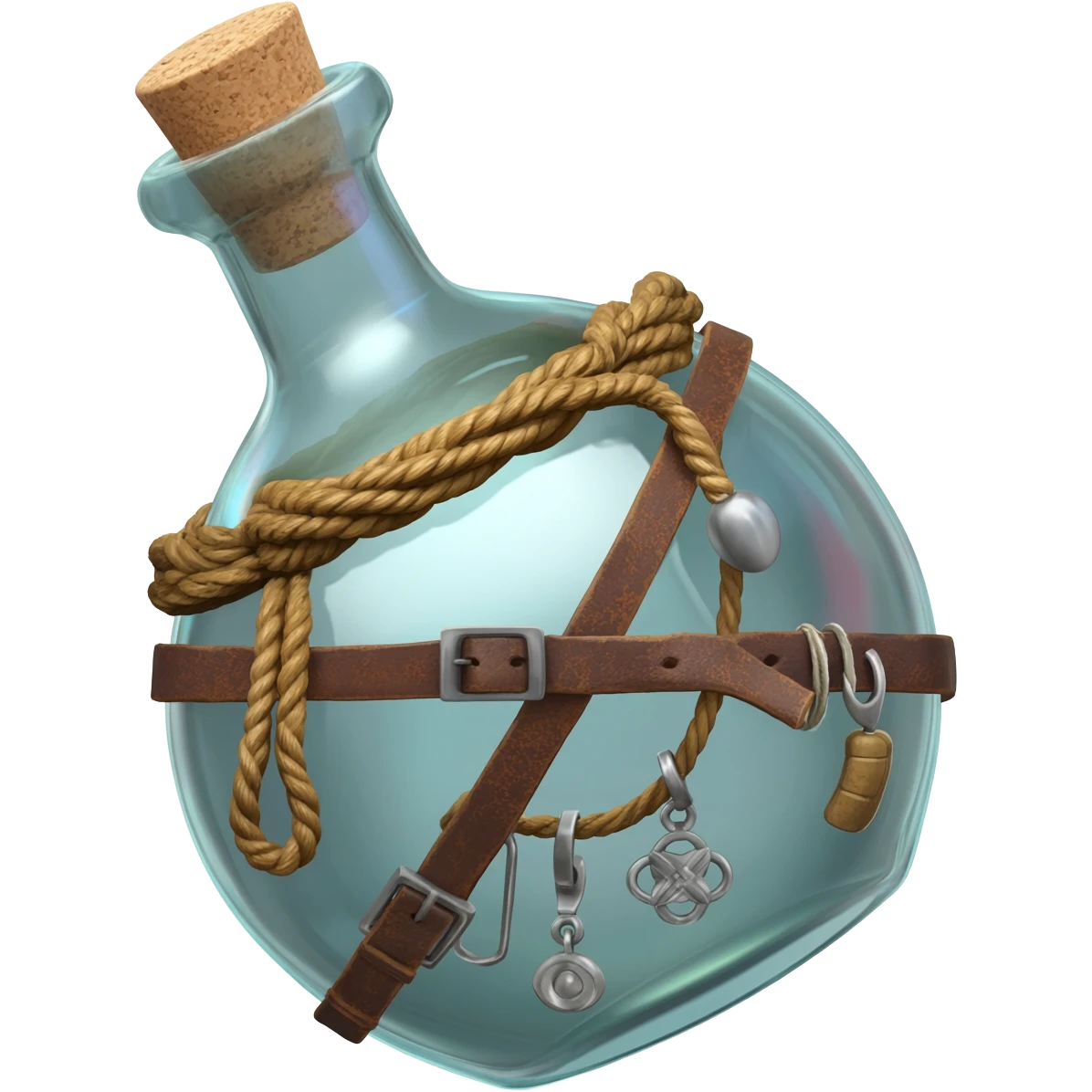 an EMPTY round potion bottle a little rotated to the left with a cork and decorations on the bottle like ropes and belts and random stuff emoji