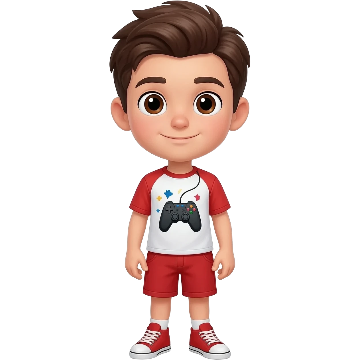 Boy with dark brown hair, combed neat, parted to the side and brown eyes. Wearing a video game themed shirt and red shorts outfit with matching sneakers. emoji