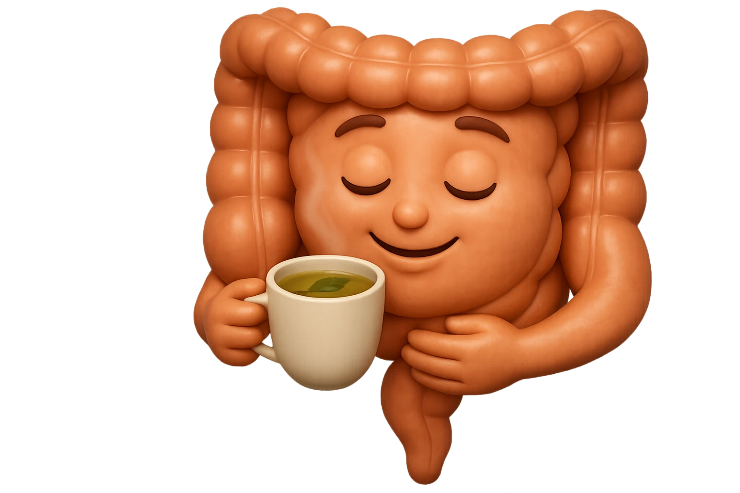 emoji stile iphone 3d di intestino umano sereno che si tocca la pancia mentre sorseggia un thè alle erbe, iperrealistico 4k emoji