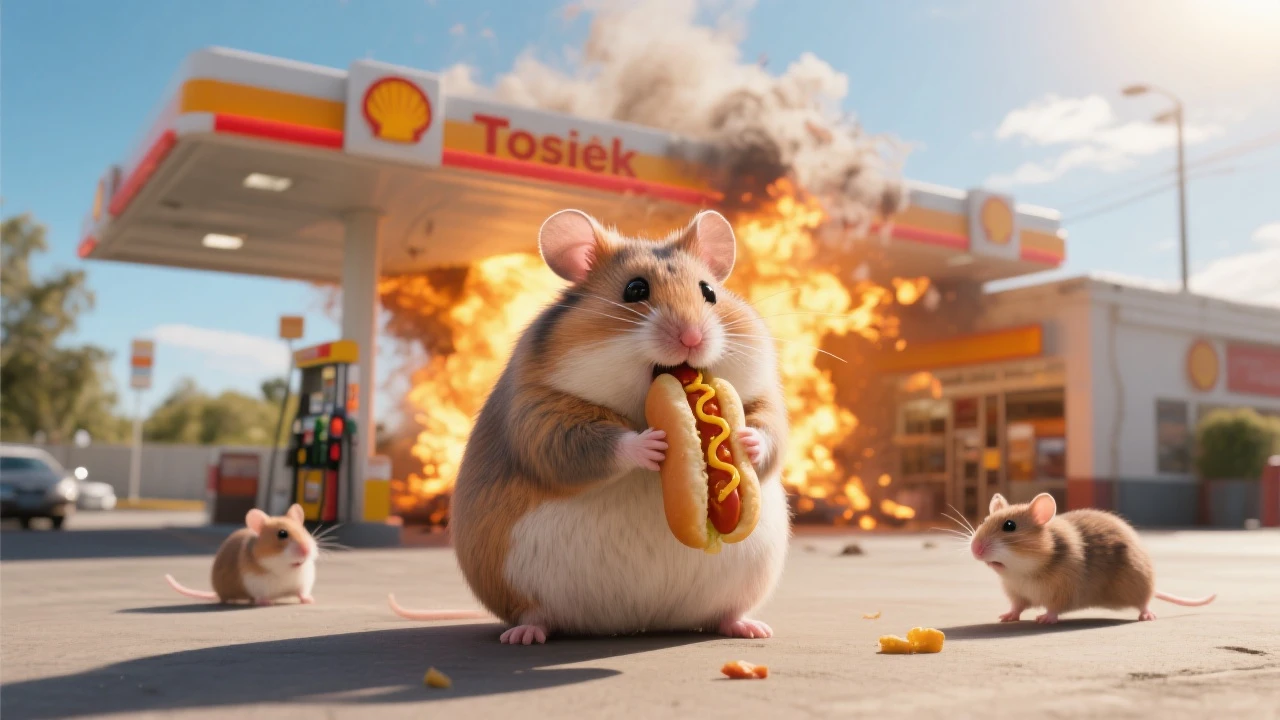 Cinematic still of A portrait of a fat hamster eating hotdog on gas station, gas station is in fire, other hamster fun away, sunny day, back light explosion , gas station named "Tosiek" (Realistic) emoji
