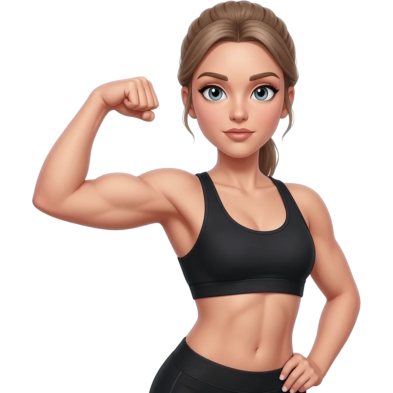 flexing bicep with confident workout pose, fair-skinned woman, gray-blue eyes, ash brown brows, ash light brown hair tied back, slim athletic body, black workout set, black sneakers with white soles emoji