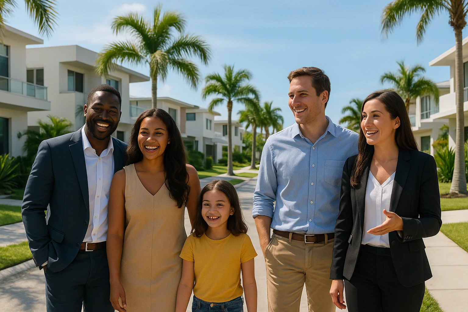 Foto hiper realista que refleje a nuestro cliente ideal de real estate: Profesionales y familias en transición Que desean mudarse a Miami o adquirir una segunda residencia, guiados por un equipo que habla su idioma —literal y figurativamente. emoji