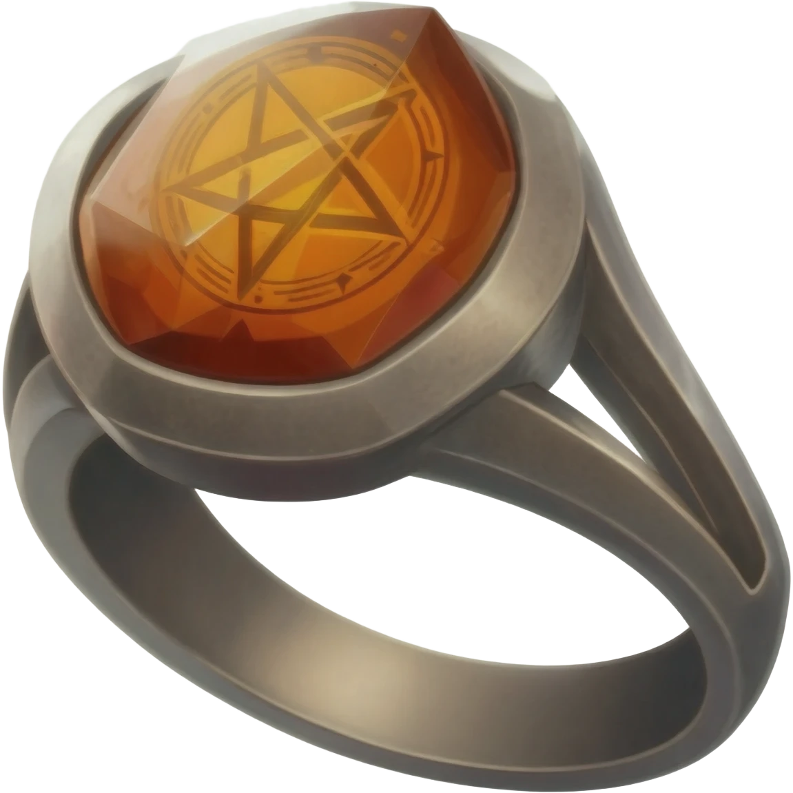 A dark orange gem ring with occult symbols. A mysterious ring with an ominous style emoji