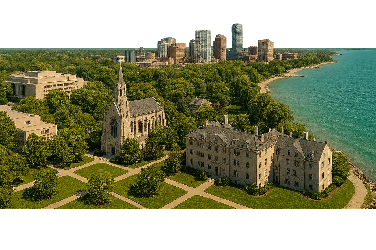 cinematic realistic emoji of Evanston, Illinois city view with Northwestern University campus central and prominent, Sigma Chi International Fraternity Headquarters, Levere Memorial Chapel Sigma Alpha Epsilon HQ, Lake Michigan shoreline, downtown Evanston, lifelike detail, accurate colors, bright daytime, no sky, no clouds emoji