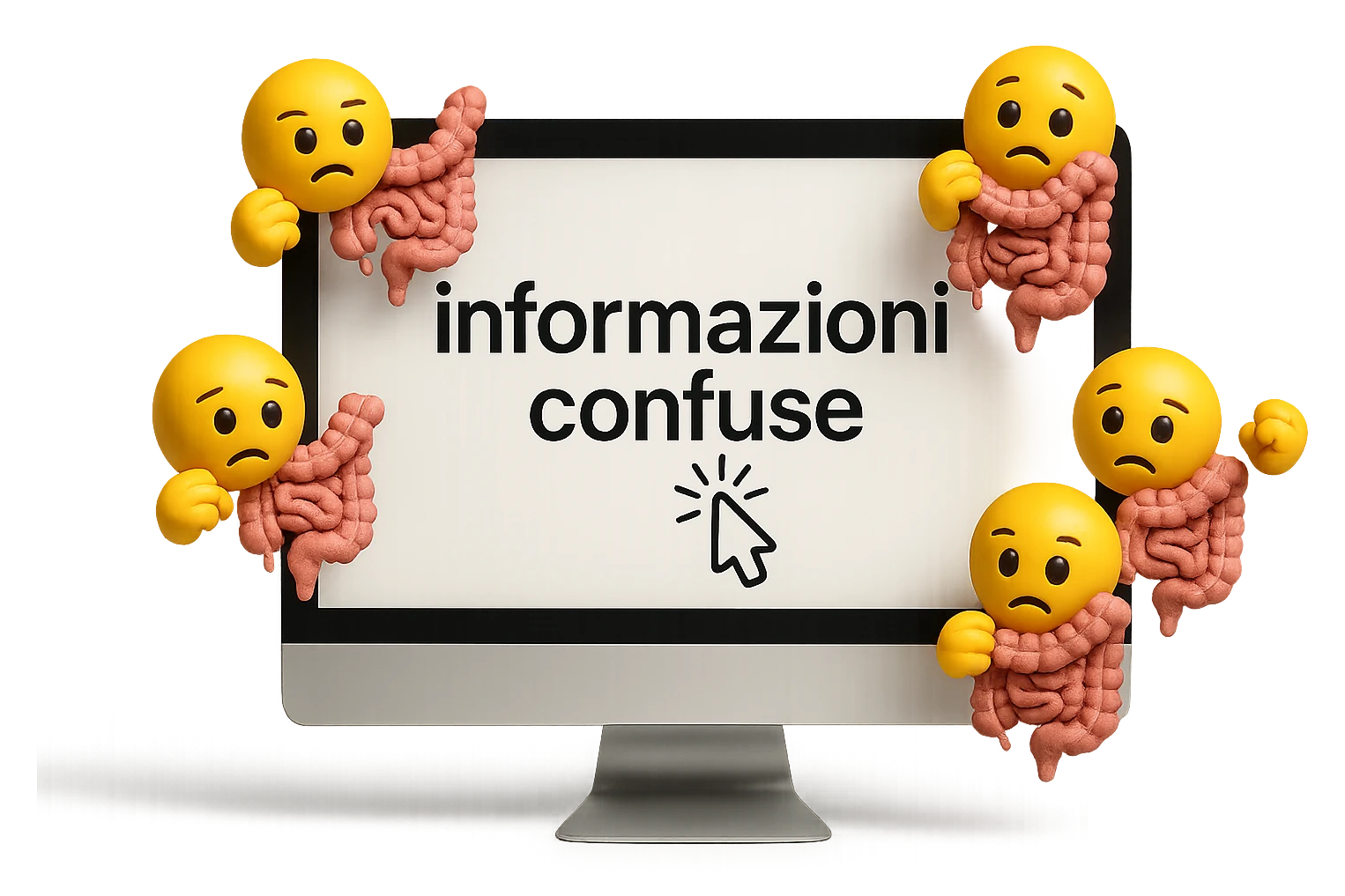 SCHERMO DI PC CON LA SCRITTA "informazioni confuse" SULLO SCHERMO E IL CLICK DEL MOUSE SULLA SCRITTA, stile emoji iphone fluttuano in aria stringendo in mano un pezzo di colon intestinale, iperrealistico 4k emoji